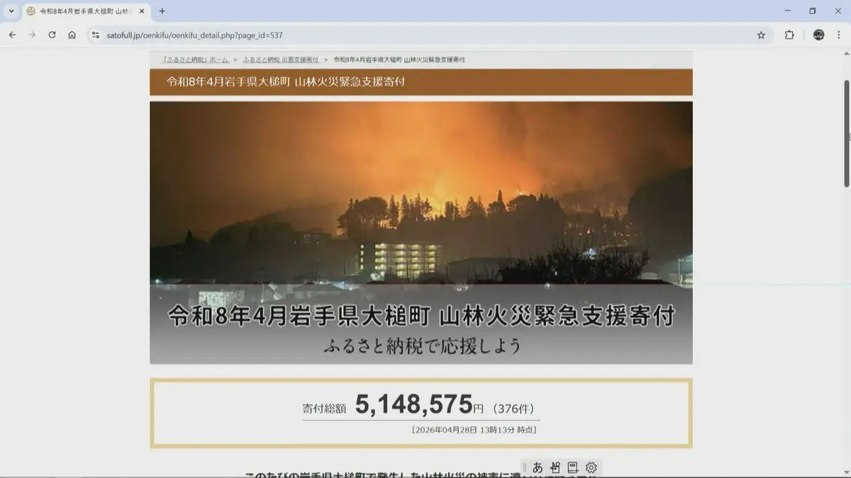 日テレNEWS NNN 4月28日(火) 19:49 山林火災発生の岩手・大槌町を支援