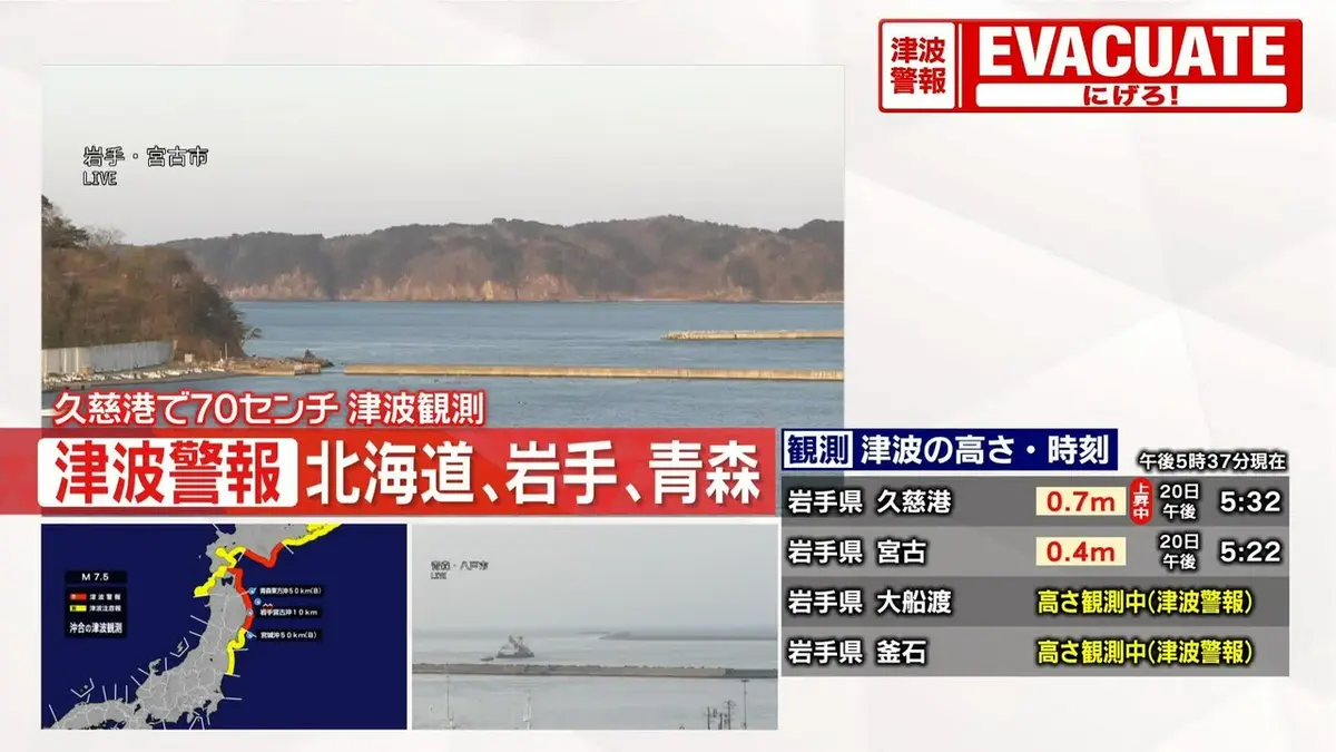 日テレNEWS NNN 4月20日(月) 17:50 【震度5強】津波観測情報 岩手