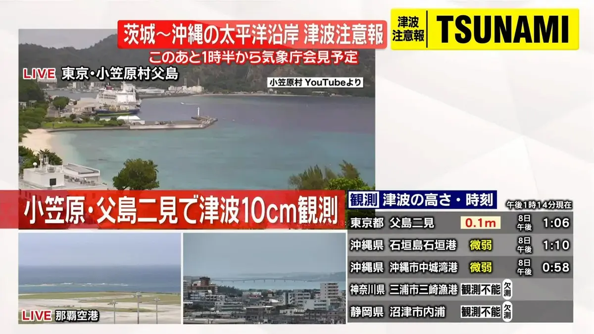 日テレNEWS NNN 6月8日(月) 13:38 小笠原・父島二見で0.1メートルの